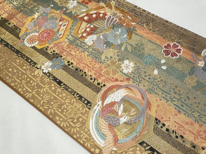 平和屋着物◎六通柄袋帯 唐織 竹取亀甲文 金糸 正絹 逸品 CABF7071fb