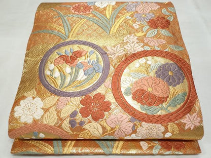 平和屋着物◎佐賀錦 六通柄袋帯 唐織 花丸文 金糸 正絹 逸品 CABF7073fb