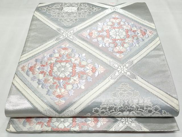 平和屋着物◎六通柄袋帯 唐織 菱花文 銀糸 正絹 逸品 CABF7074fb