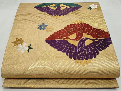 平和屋着物◎六通柄袋帯 唐織 立波双鶴花文 金糸 正絹 逸品 CABF7075fb