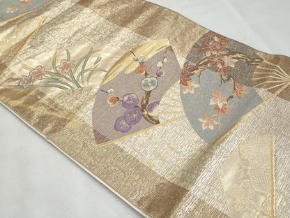 平和屋着物◎六通柄袋帯 風流花扇舟図 金糸 正絹 逸品 CABF7077fb