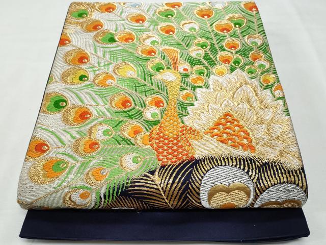 平和屋着物◎西陣 六通柄袋帯 唐織 孔雀文 黒地 金銀糸 証紙付き 正絹 逸品 CABF7078fb