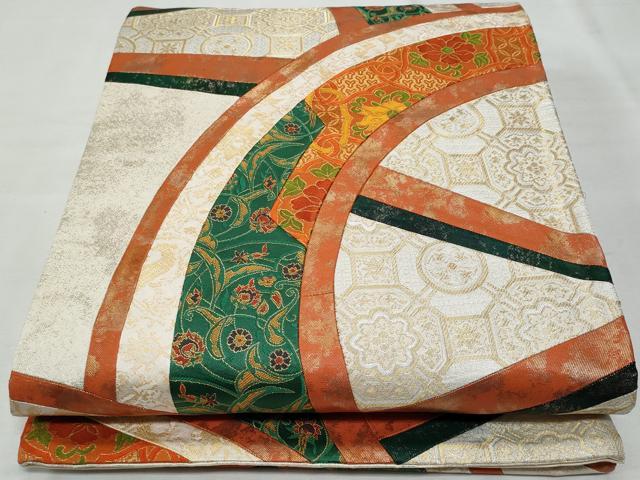 平和屋着物◎六通柄袋帯 唐織 切嵌片輪車花文 金糸 正絹 逸品 CABF7079fb
