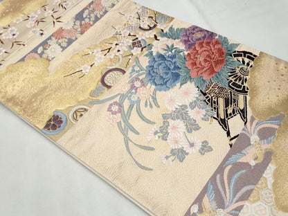 平和屋着物◎六通柄袋帯 唐織 花車文 金糸 正絹 逸品 CABF7084fb