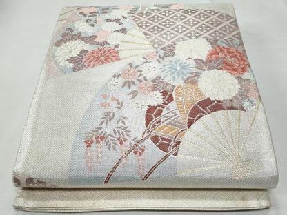 平和屋着物◎佐賀錦 西陣 六通柄袋帯 花車舞扇紋 金銀糸 正絹 逸品 未使用 CABF7087fb