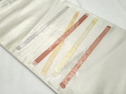 平和屋着物◎太鼓柄袋帯 総刺繍 横笛 銀糸 正絹 逸品 CABF7092fb