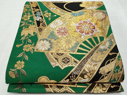 平和屋着物◎六通柄袋帯 扇面正倉院花文 黒地 金糸 正絹 逸品 CABF7099fb