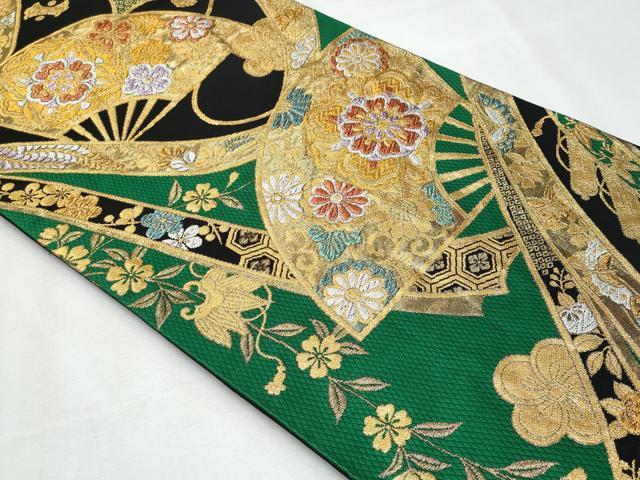 平和屋着物◎六通柄袋帯 扇面正倉院花文 黒地 金糸 正絹 逸品 CABF7099fb