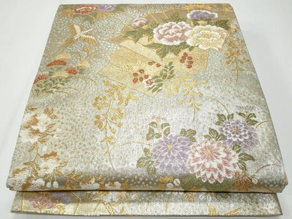 平和屋着物◎六通柄袋帯　飛鶴草花文　正絹　逸品　CABF7135fb