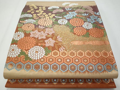 平和屋着物◎太鼓柄袋帯　唐織　草花文　金糸　正絹　逸品　CABF7141fb