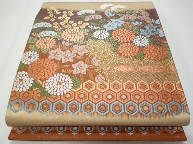 平和屋着物◎太鼓柄袋帯　唐織　草花文　金糸　正絹　逸品　CABF7141fb