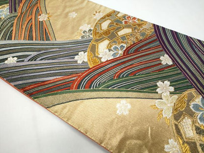 平和屋着物◎六通柄袋帯　唐織　立波片輪車舞桜文　金糸　正絹　逸品　CABF7146fb