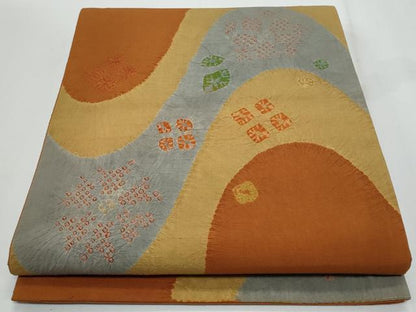 平和屋着物◎太鼓柄袋帯　紬地　絞り　流水花文　正絹　逸品　CABF7154fb