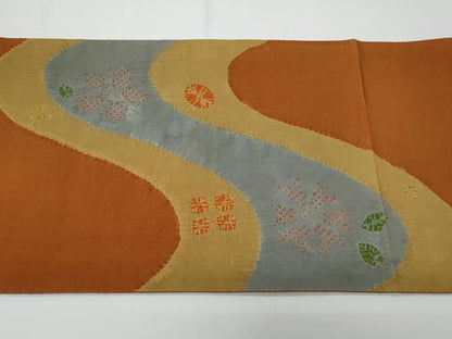 平和屋着物◎太鼓柄袋帯　紬地　絞り　流水花文　正絹　逸品　CABF7154fb