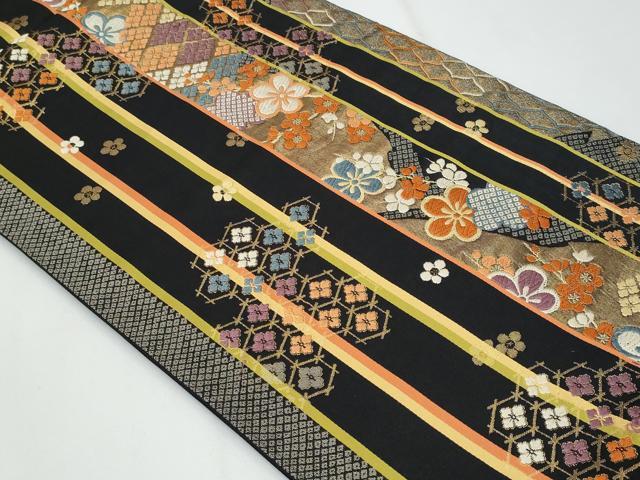 平和屋着物◎六通柄袋帯 唐織 花間道 黒地 金糸 正絹 逸品