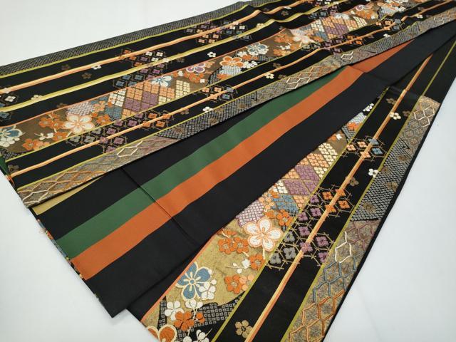 平和屋着物◎六通柄袋帯 唐織 花間道 黒地 金糸 正絹 逸品