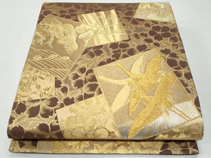 平和屋着物◎六通柄袋帯 色紙飛鶴風景文 正絹 逸品 CABF7197fb