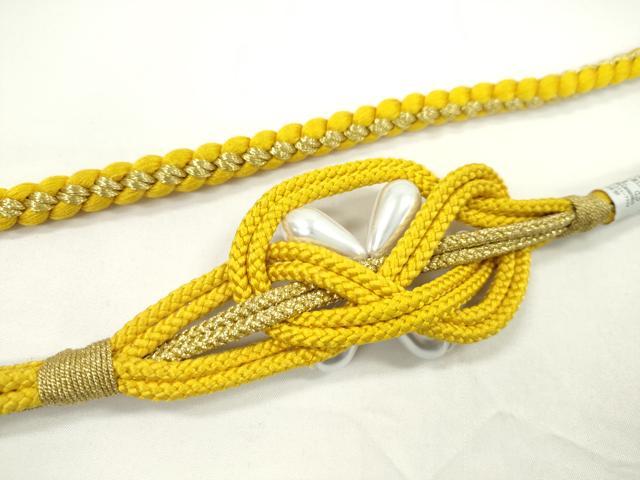 平和屋着物●和装小物　振袖用帯締め　飾り付き　パール　黄色　金糸　切り房　逸品　未使用　CABF7219ju