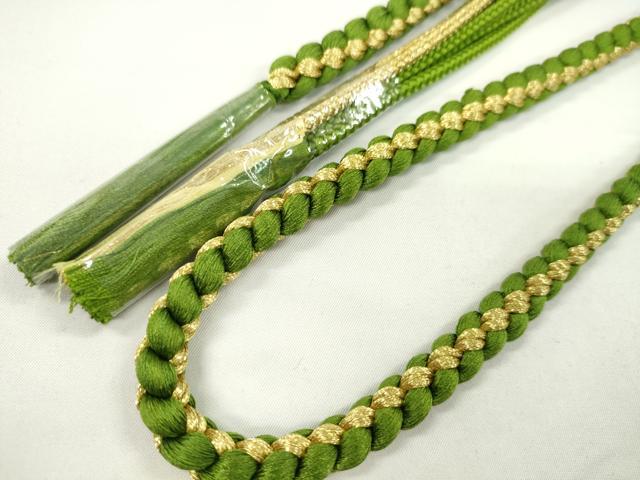 平和屋着物●和装小物　振袖用帯締め　飾り付き　パール　鶸萌黄色　金糸　切り房　逸品　未使用　CABF7220ju