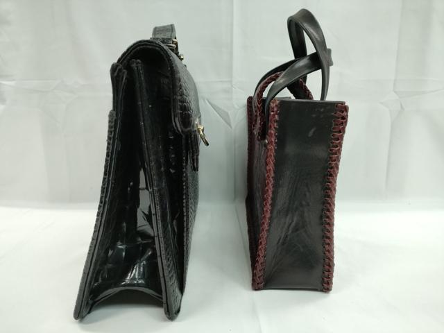 平和屋着物▼和装小物 和装バッグまとめて２点 本革 型押し 黒 葡萄茶色 逸品 CABF7351ju