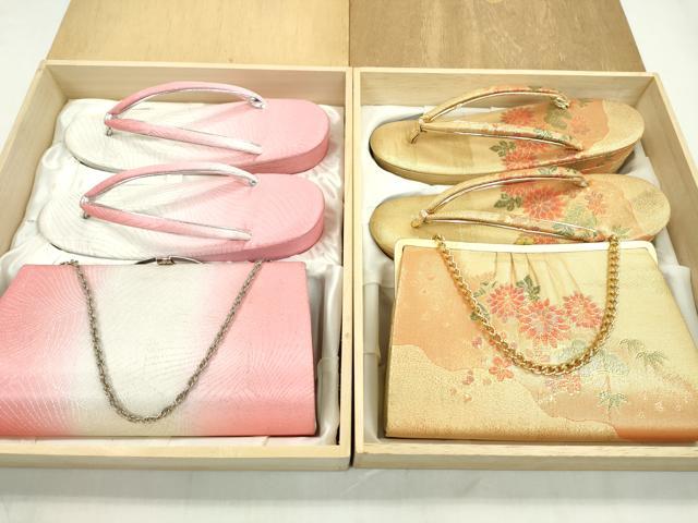 平和屋着物▼和装小物 バッグ・草履セットまとめて２セット 道長松竹梅花文 亀甲文 金銀糸 草履サイズ：Ｍ 逸品 CABF7361ju