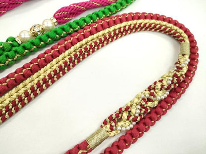 平和屋着物▼和装小物　帯締め３本セット　振袖用　飾り付き　パール　ビジュー　ルビー色　常磐緑　濃紅色　金糸　逸品　CABF7577ju