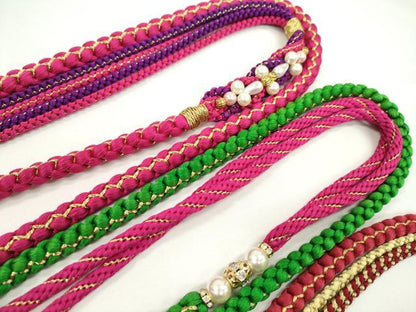 平和屋着物▼和装小物　帯締め３本セット　振袖用　飾り付き　パール　ビジュー　ルビー色　常磐緑　濃紅色　金糸　逸品　CABF7577ju