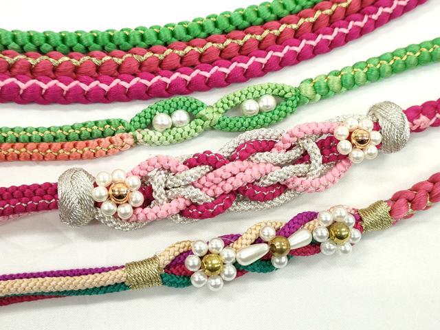 平和屋着物▼和装小物　帯締め３本セット　振袖用　飾り付き　パール　花　小田巻き　ルビー色　茜色　薄緑　金銀糸　逸品　CABF7579ju