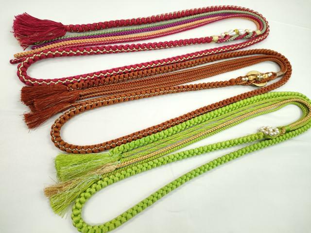 平和屋着物▼和装小物　帯締め３本セット　振袖用　飾り付き　パール　ビジュー　萌黄色　褐色　真紅　金糸　逸品　CABF7581ju
