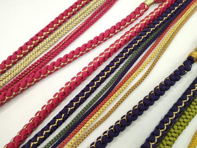 平和屋着物▼和装小物　帯締め３本セット　振袖用　飾り付き　パール　花　ビジュー　青丹色　ディープパープル　赤　金糸　逸品CABF7582ju