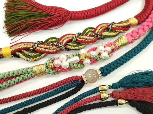 平和屋着物▼和装小物　帯締め３本セット　振袖用　飾り付き　パール　薔薇色　花浅葱色　朱・緋　金糸　逸品　CABF7586ju