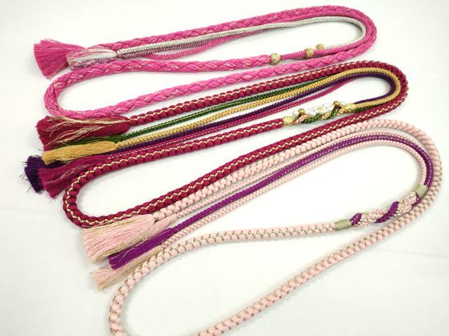 平和屋着物▼和装小物 帯締め３本セット 振袖用 飾り付き パール 花 濃紅 虹色 躑躅色 金銀糸 逸品 CABF7590ju