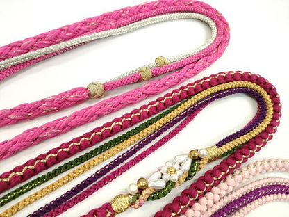平和屋着物▼和装小物 帯締め３本セット 振袖用 飾り付き パール 花 濃紅 虹色 躑躅色 金銀糸 逸品 CABF7590ju