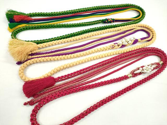 平和屋着物▼和装小物　帯締め３本セット　振袖用　飾り付き　パール　花　赤　杏色　緑青色　金糸　逸品　CABF7592ju