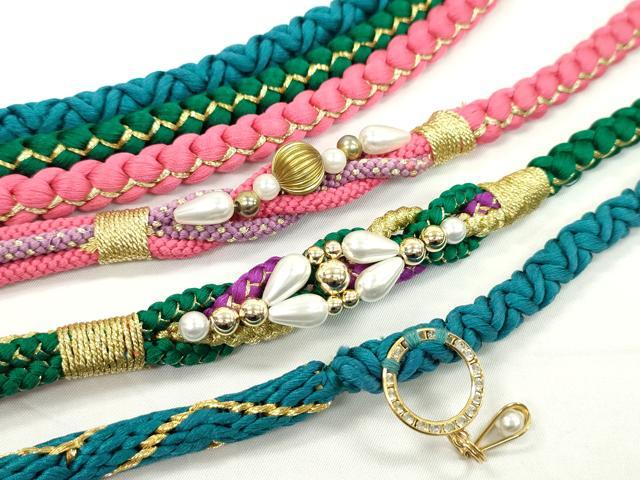 平和屋着物▼和装小物　帯締め３本セット　振袖用　飾り付き　パール　深緑　シアン　薔薇色　金糸　逸品　CABF7595ju