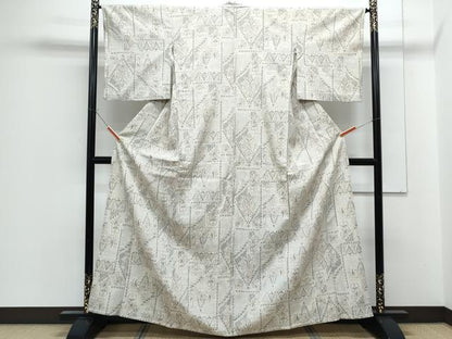 平和屋着物▽塩沢紬　単衣　吉祥花文　正絹　逸品　CABF7644th