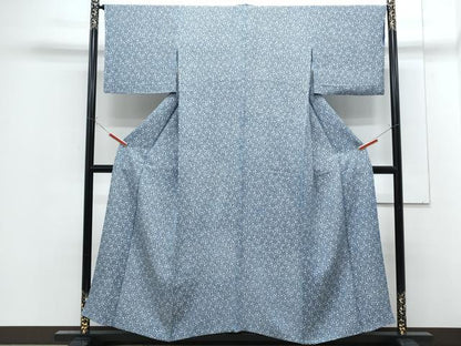 平和屋着物▽上質な小紋　単衣　藍　型染め　花唐草文　正絹　逸品　CABF7646th