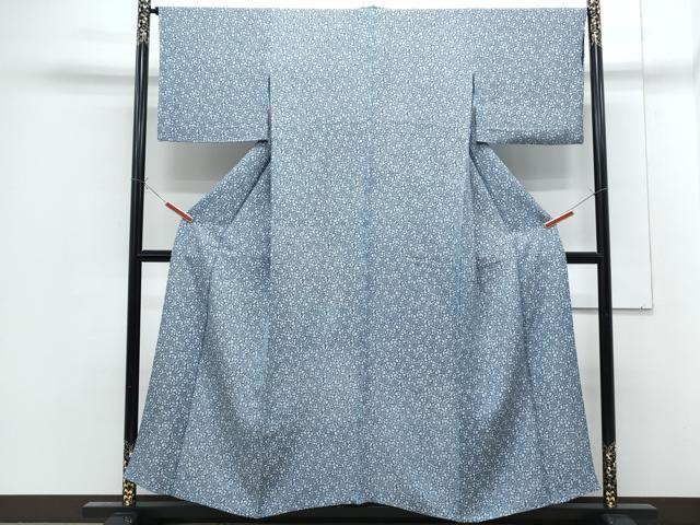 平和屋着物▽上質な小紋　単衣　藍　型染め　花唐草文　正絹　逸品　CABF7646th