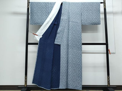 平和屋着物▽上質な小紋　単衣　藍　型染め　花唐草文　正絹　逸品　CABF7646th
