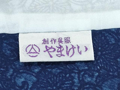 平和屋着物▽上質な小紋　単衣　藍　型染め　花唐草文　正絹　逸品　CABF7646th