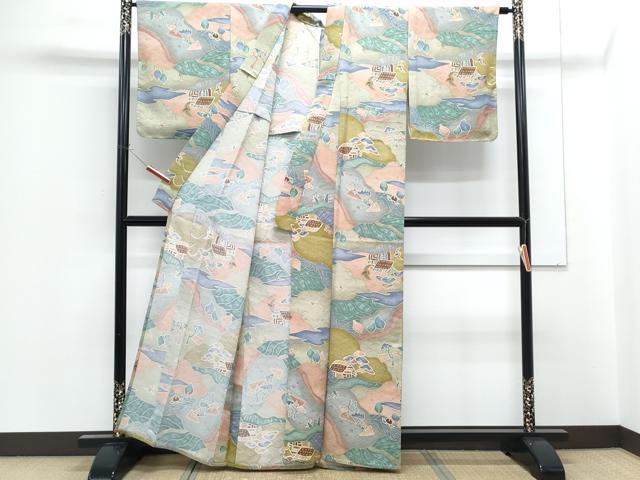 平和屋着物▽小紋　単衣　動物風景文　金彩　洗える着物　CABF7647th