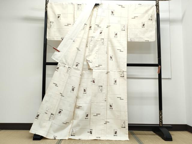 平和屋着物▽上質な紬　単衣　琉球絣文様　正絹　逸品　CABF7649th
