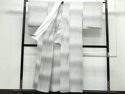 平和屋着物▽上質なお召　単衣　格子文　まるやま扱い　正絹　逸品　CABF7650th