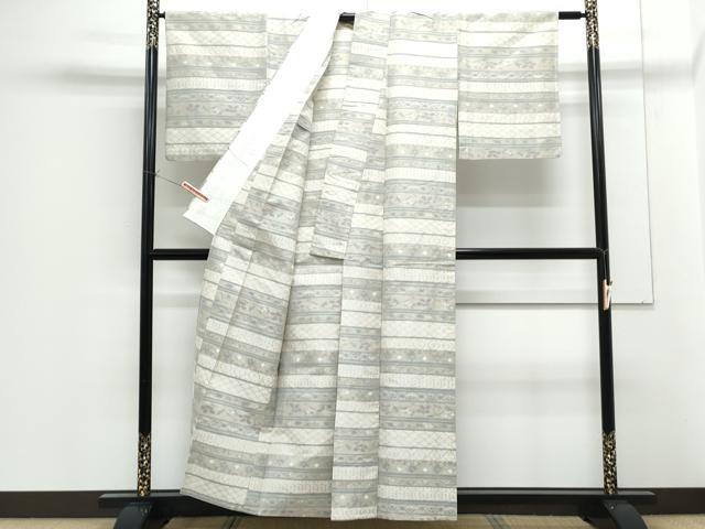 平和屋着物▽上質な紬　単衣　横段花文　正絹　逸品　CABF7653th
