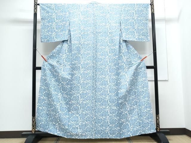 平和屋着物▽上質な小紋　単衣　紬地　型染め　草花文　正絹　逸品　CABF7654th