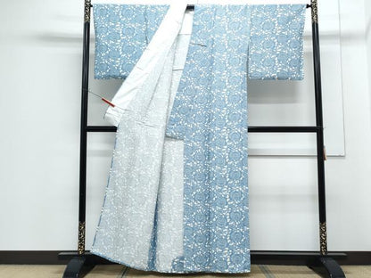 平和屋着物▽上質な小紋　単衣　紬地　型染め　草花文　正絹　逸品　CABF7654th