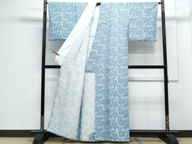 平和屋着物▽上質な小紋　単衣　紬地　型染め　草花文　正絹　逸品　CABF7654th
