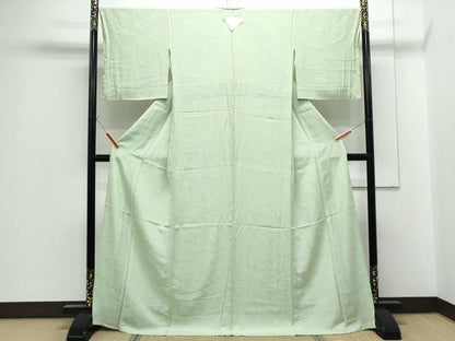 平和屋着物▽上質な色無地　単衣　立波地紋　山葵色　高島屋扱い　正絹　逸品　CABF7662th