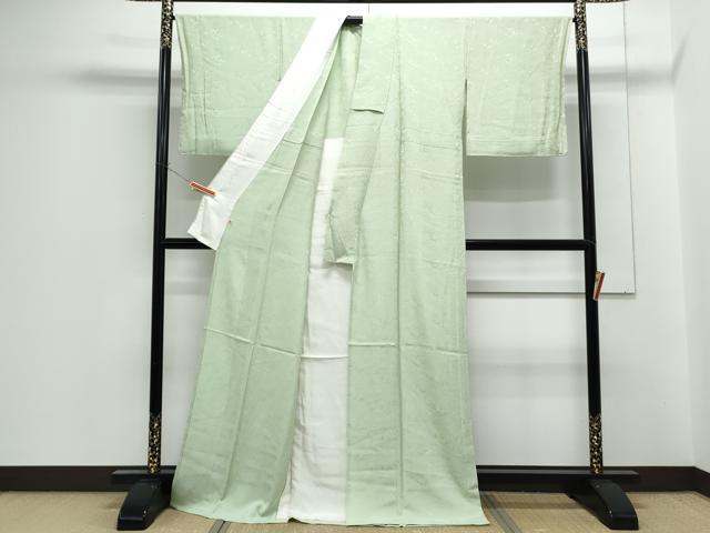 平和屋着物▽上質な色無地　単衣　立波地紋　山葵色　高島屋扱い　正絹　逸品　CABF7662th