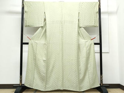 平和屋着物▽上質な色無地　単衣　梅鉢地紋　若葉色　正絹　逸品　CABF7671th